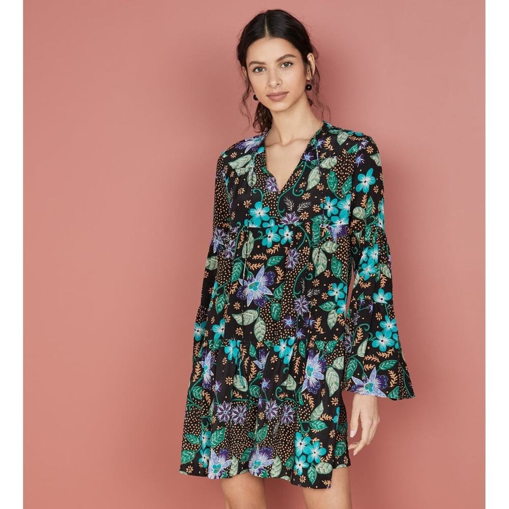 New Warm Silk Garden Tiered Floral Boho Mini Dress $450 SMALL US 4 (1)